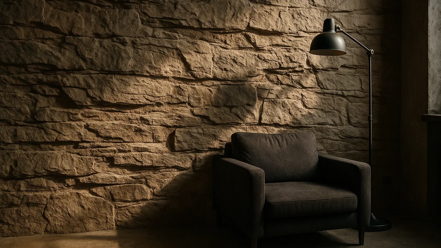 Фрагмент стіни з декоративною штукатуркою під скелю та акцентним освітленням