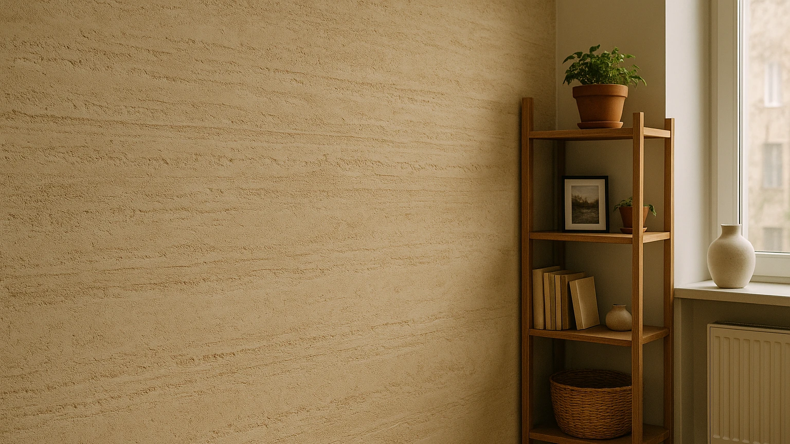 Стіна з декоративною штукатуркою травертин у світлих тонах