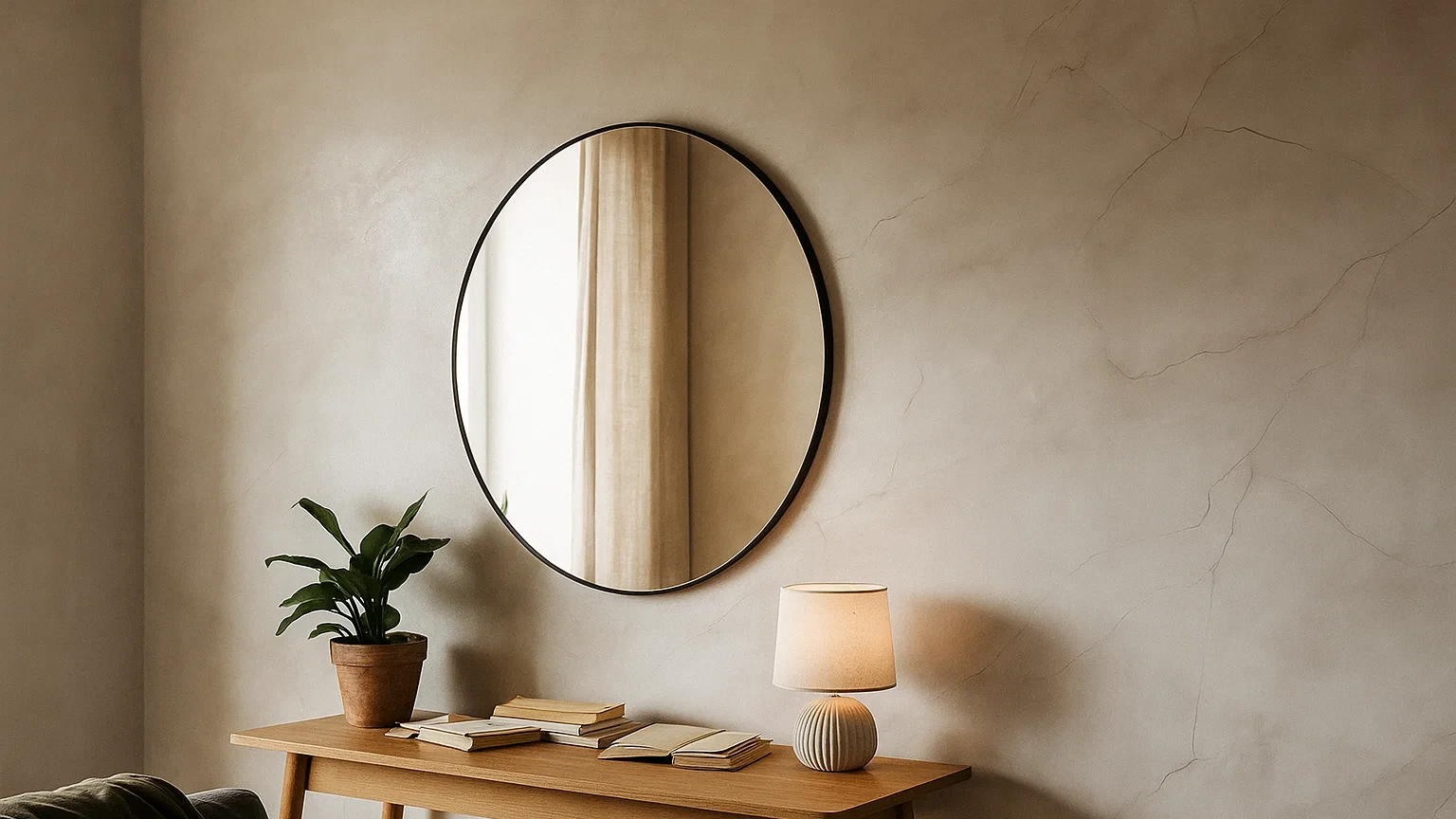 Інтерʼєр вітальні з акцентною стіною у венеціанській штукатурці