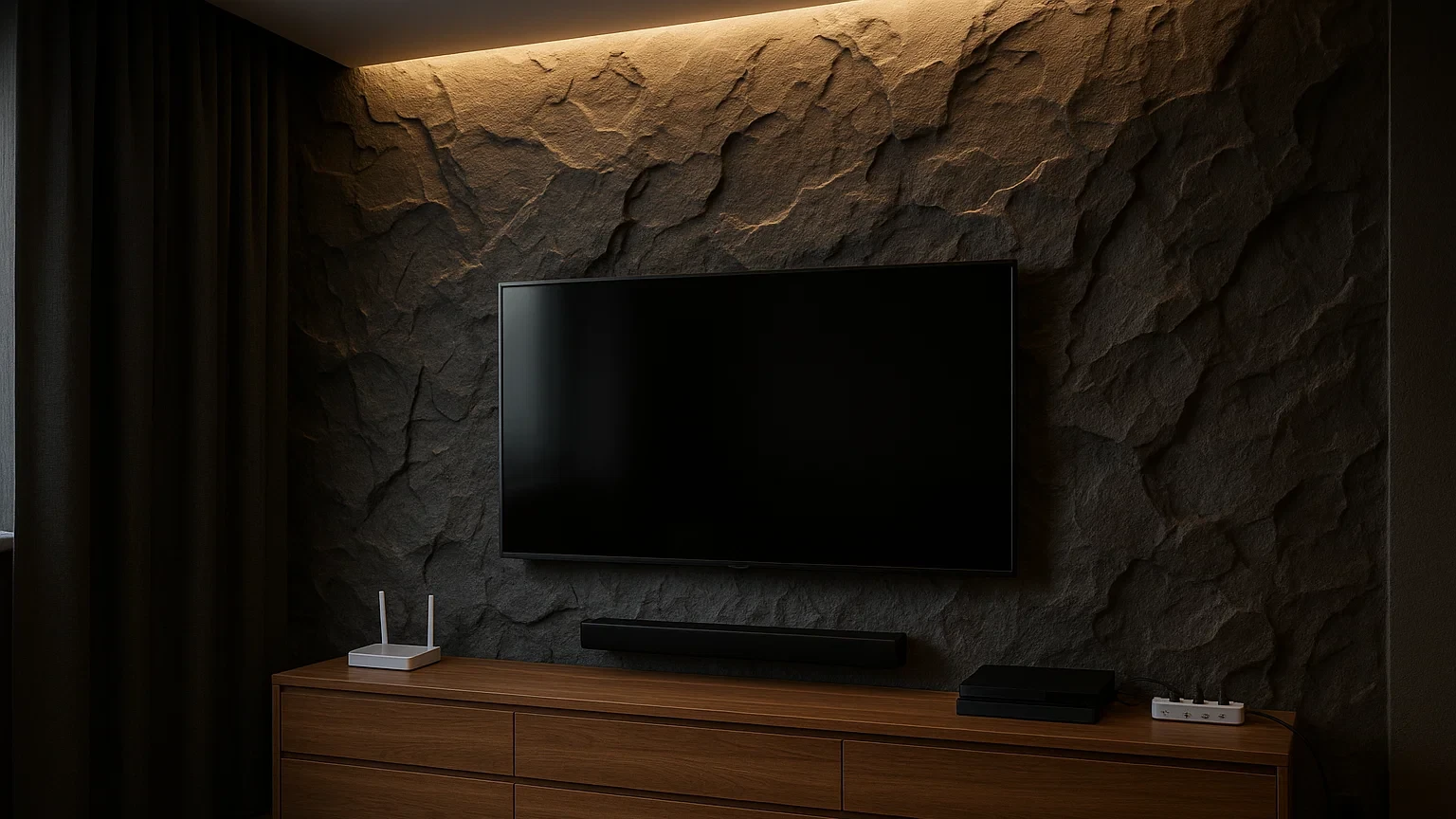 Темна фактурна стіна з ефектом скелі в інтерʼєрі