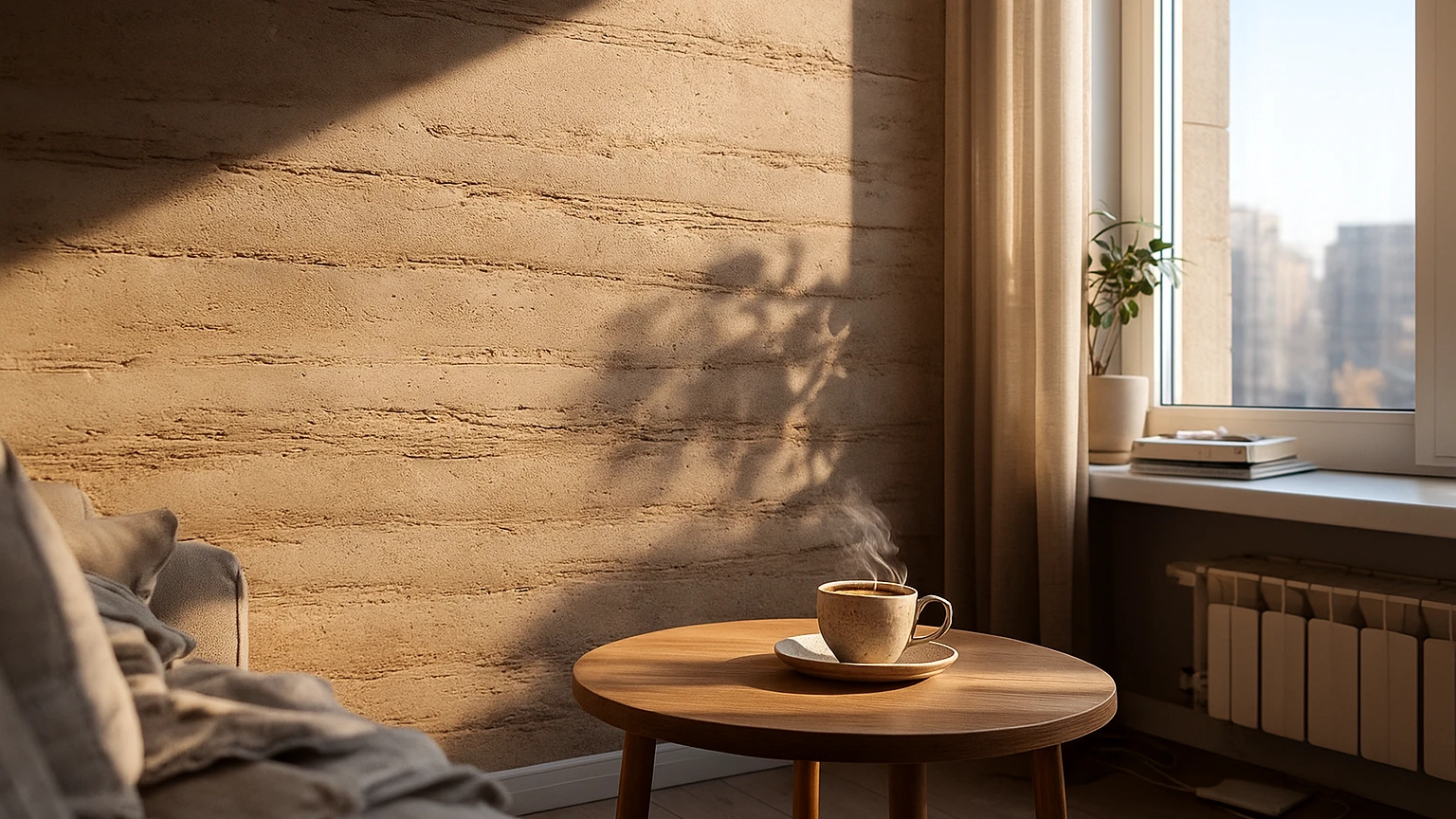 Київська квартира з фотозоною біля вікна та стіною з декоративною штукатуркою