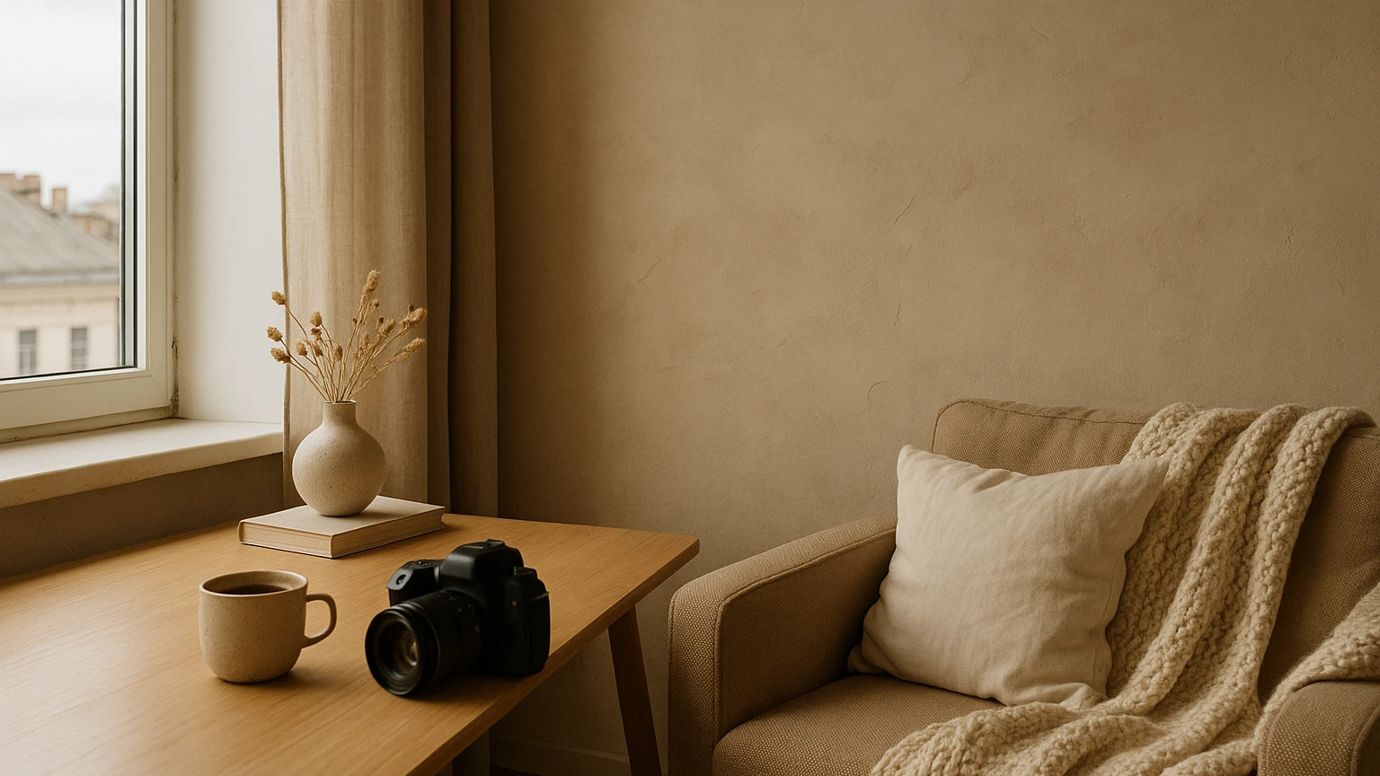 Сучасний інтерʼєр у Києві з декоративною штукатуркою як фоном для зйомки