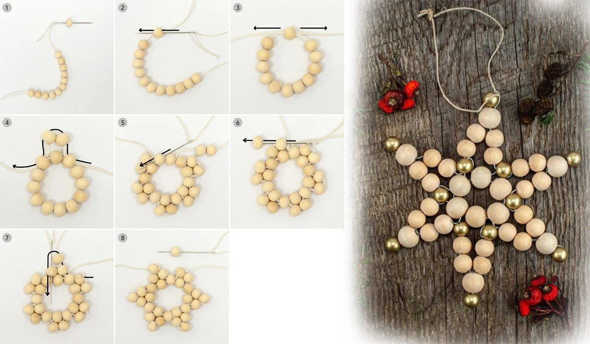 Іграшки на ялинку з дерев'яних намистин, мішковини, джуту