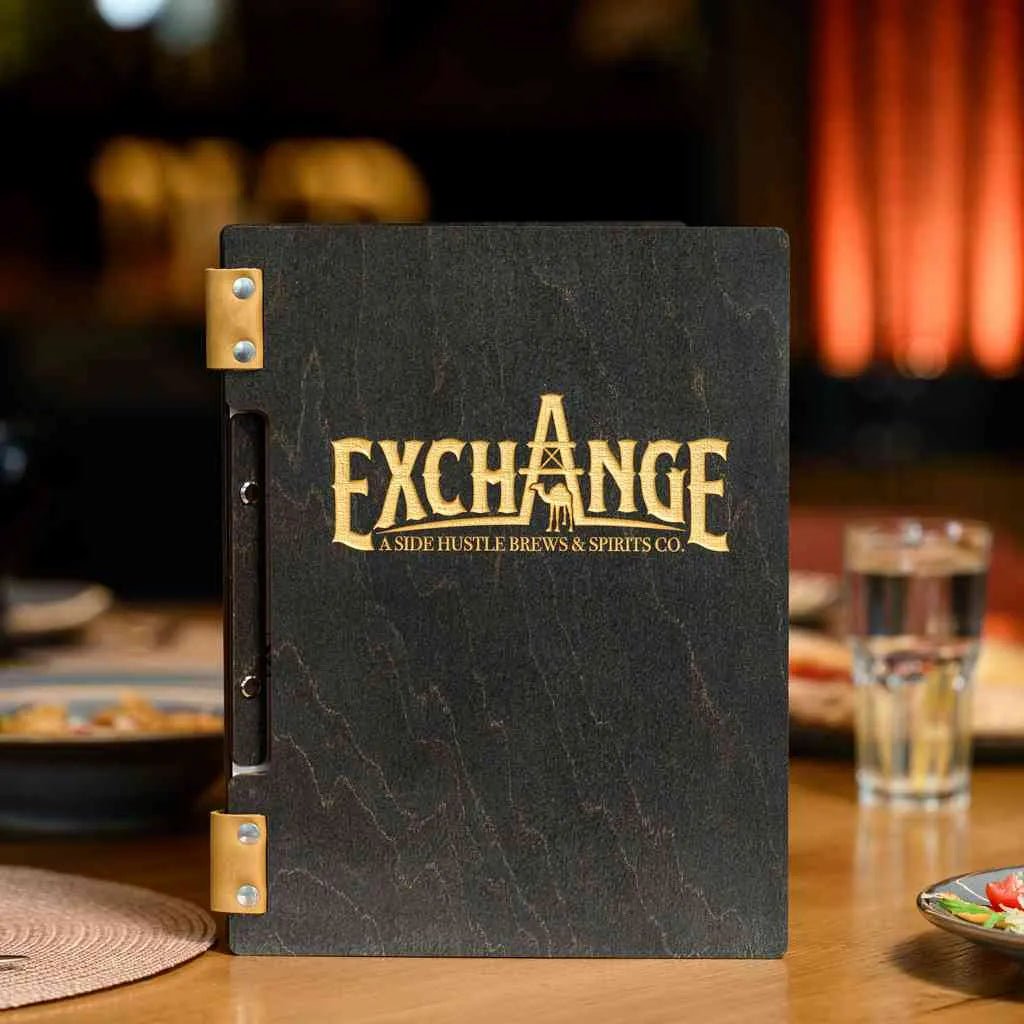 premium restaurant menu holders in wood and metal displaying daily specials