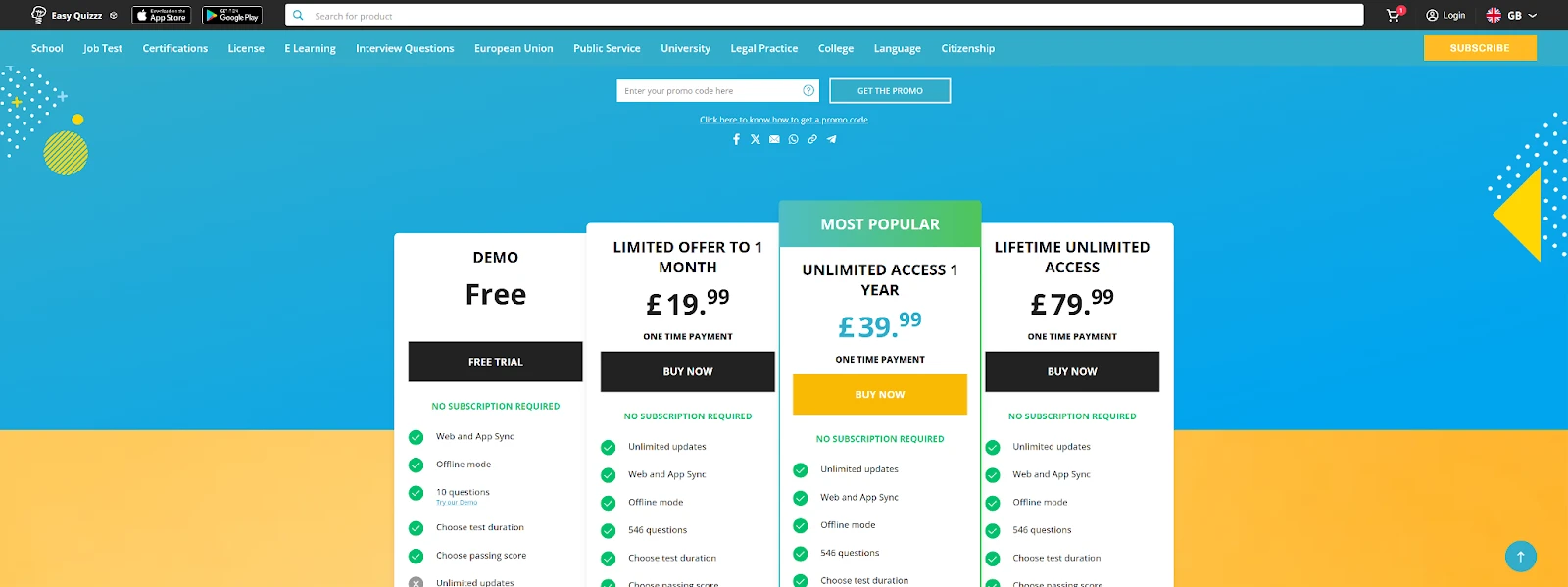 A pricing plan webpage for the Easy-Quizzz BKSB practice test platform. The layout features multiple subscription cards arranged side by side.