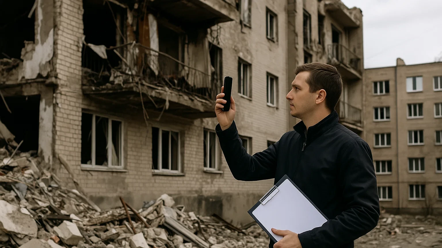 Власник фотографує пошкоджену стіну та вікна в будинку