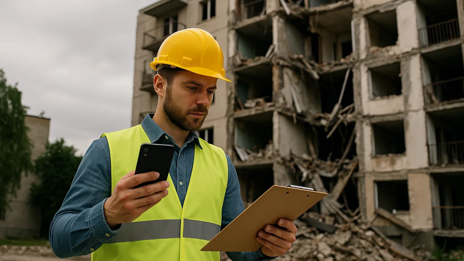 Стіна пошкодженого будинку, на якій написані ключові правила відновлення