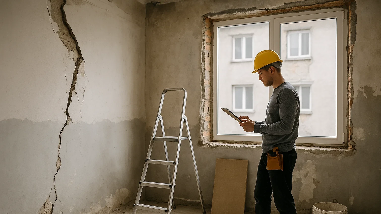 Робітники ремонтують дах пошкодженого будинку