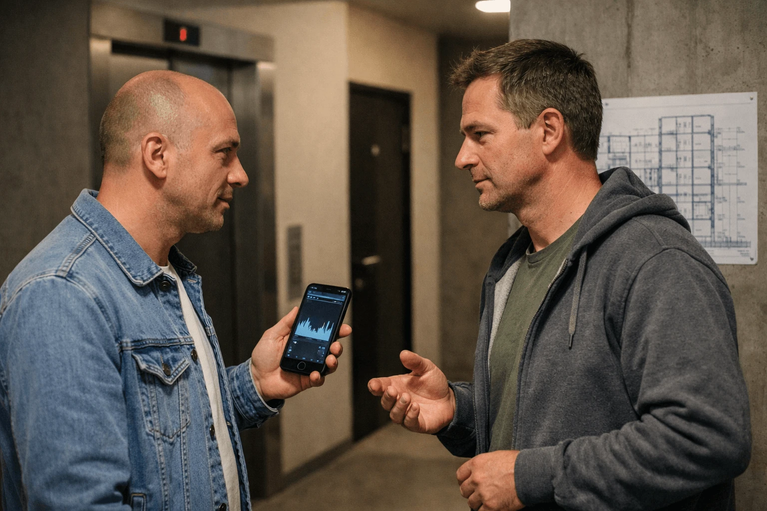 Двое соседей спокойно обсуждают шум у лифта: один показывает на смартфоне график замеров, на стене висит план здания, вечерний свет мягкий.