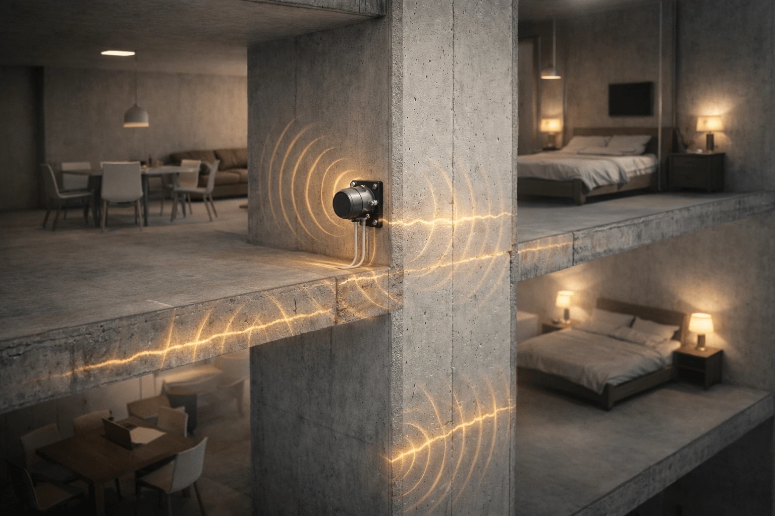 Разрез дома показывает бетонные плиты и комнаты, а на стене закреплён виброизлучатель: световые волны проходят через перекрытия.