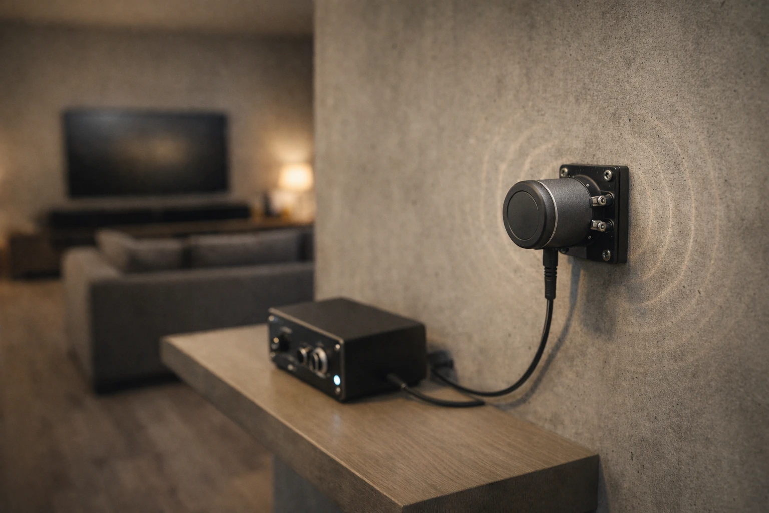 В гостиной виброизлучатель закреплён на бетонной стене, кабель идёт к усилителю на полке; позади диван и ТВ, тёплый свет, уют.