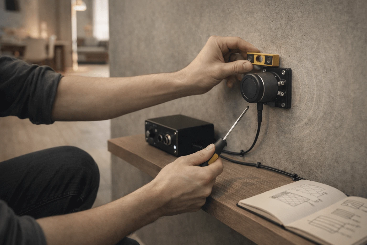 Человек настраивает виброизлучатель на бетонной стене, проверяя уровнем крепёж; рядом усилитель на полке и аккуратно уложенные кабели.