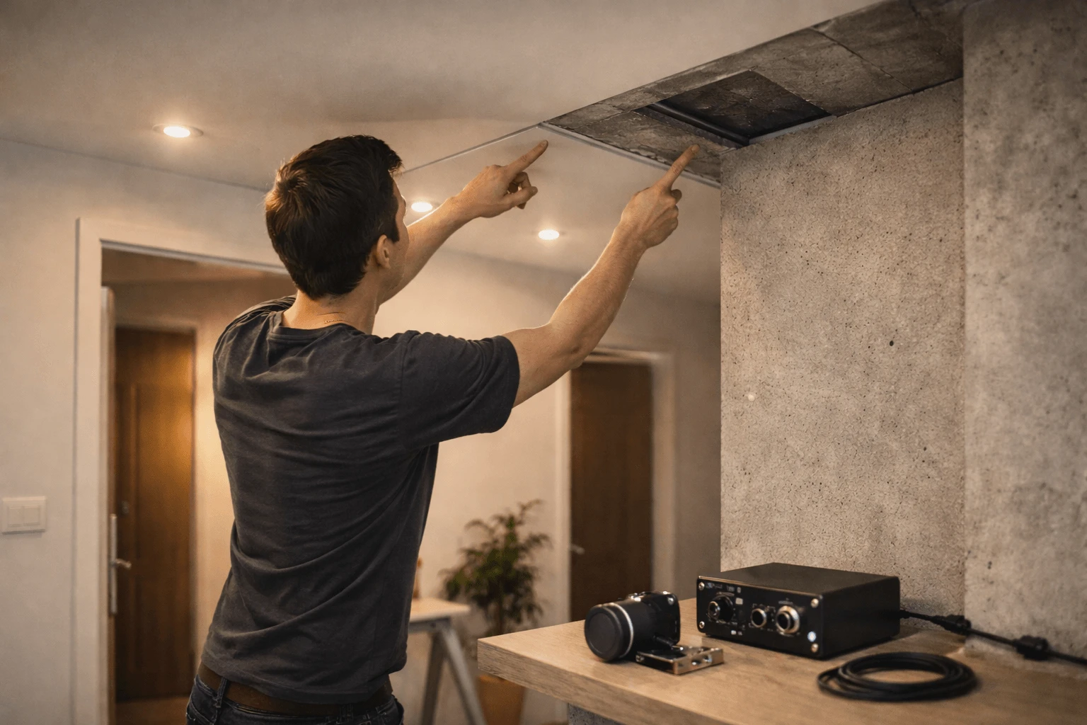 Мужчина указывает на стык натяжного потолка и открытой бетонной плиты, рядом на столе лежат виброизлучатель и усилитель, тёплый свет.