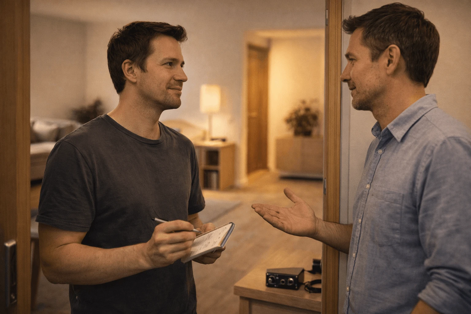 Двое соседей мирно разговаривают в дверном проёме: один делает пометки в блокноте, на тумбе виден компактный усилитель, тёплый свет.