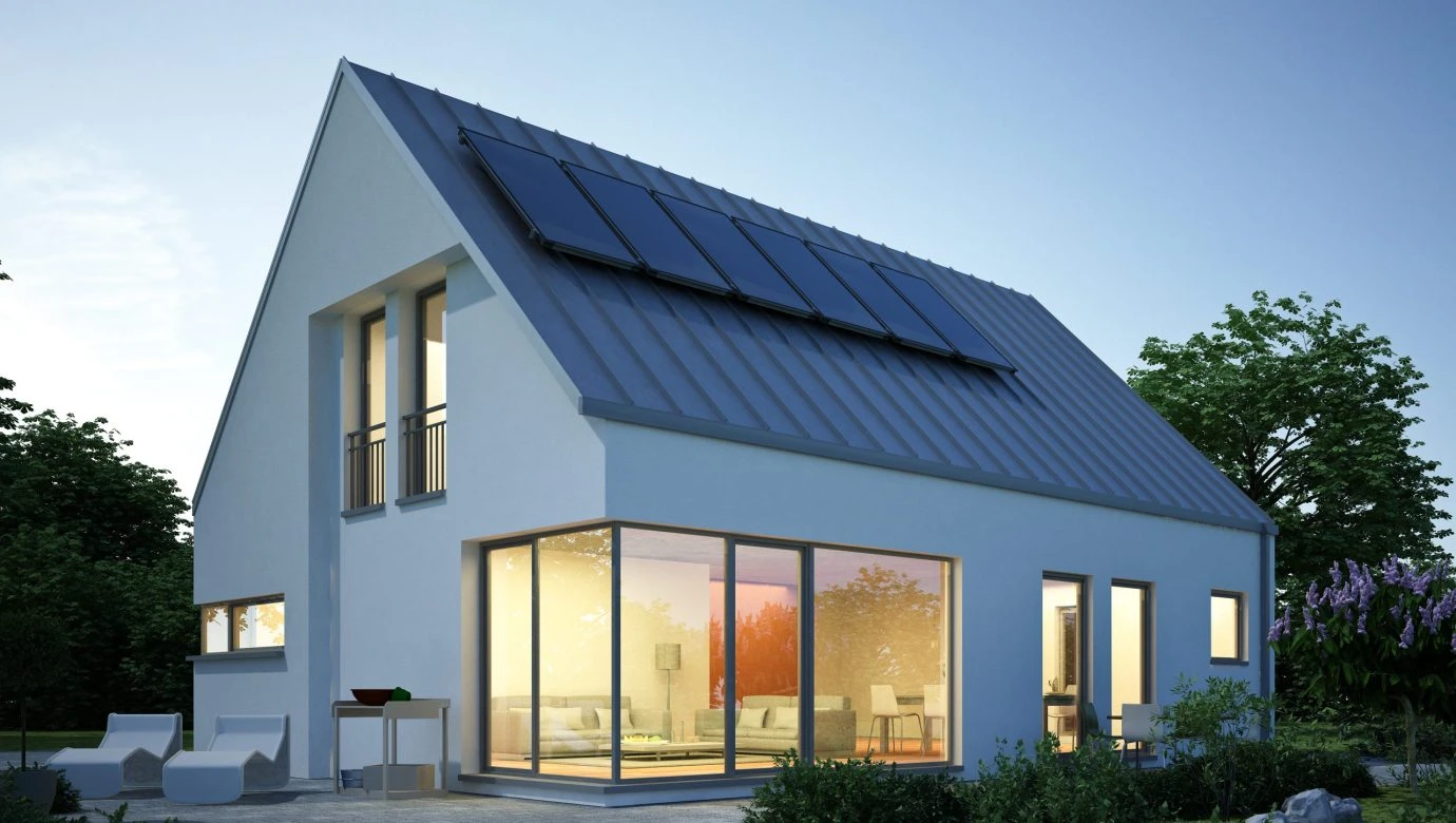 Energieeffizientes Modulhaus mit Solarmodulen foto