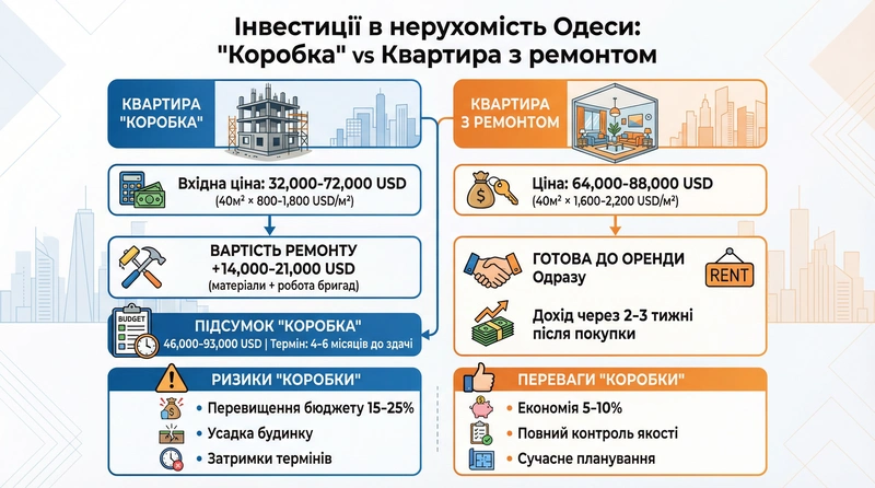 Порівняння інвестицій в нерухомість Одеси: коробка vs квартира з ремонтом - вартість, терміни, ризики та дохідність