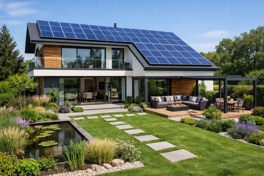 Приватний будинок з великою сонячною електростанцією на даху. Еко-будівництво: поєднання відновлюваної енергії, сучасного дизайну та ландшафтного дизайну з водоймою.