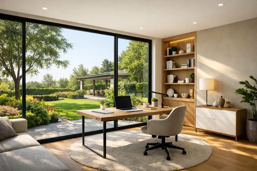 Сучасний домашній офіс у мінімалістичному стилі з великими панорамними вікнами, через які видно зелене подвір’я. Просторе світле приміщення з робочим столом, кріслом та полицями, наповнене природним сонячним світлом.