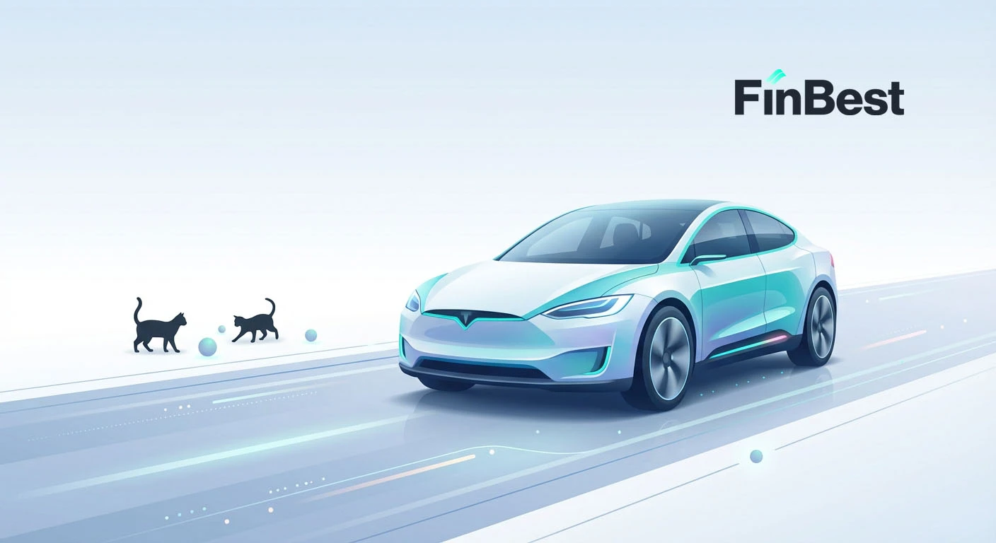 Світлий мінімалістичний креатив у стилі FinBest: сучасний білий автомобіль рухається по умовній цифровій дорозі, поруч на узбіччі граються два силуети чорних котів; у верхньому правому куті — логотип FinBest. Візуальна метафора протиставлення забобонів і технологічного страхового захисту.