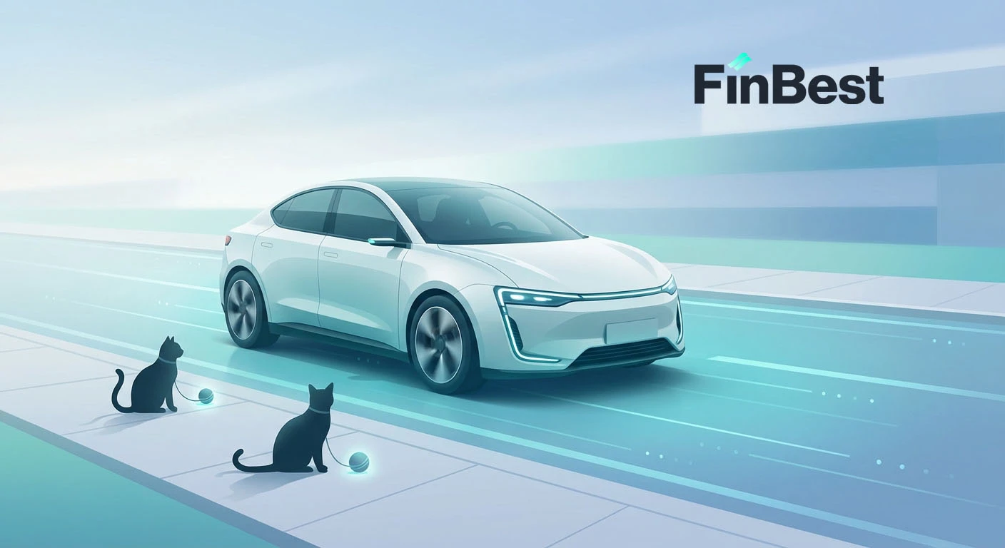 Минималистичный fintech-креатив в бирюзово-голубой гамме: белый автомобиль едет по «цифровой» дороге с световыми линиями и графическими элементами данных. На переднем плане — два черных кота с сияющими акцентами, как метафора дорожных примет. Визуал подчеркивает контраст между мистикой и рациональным финансовым защитным решением (онлайн-страхование).