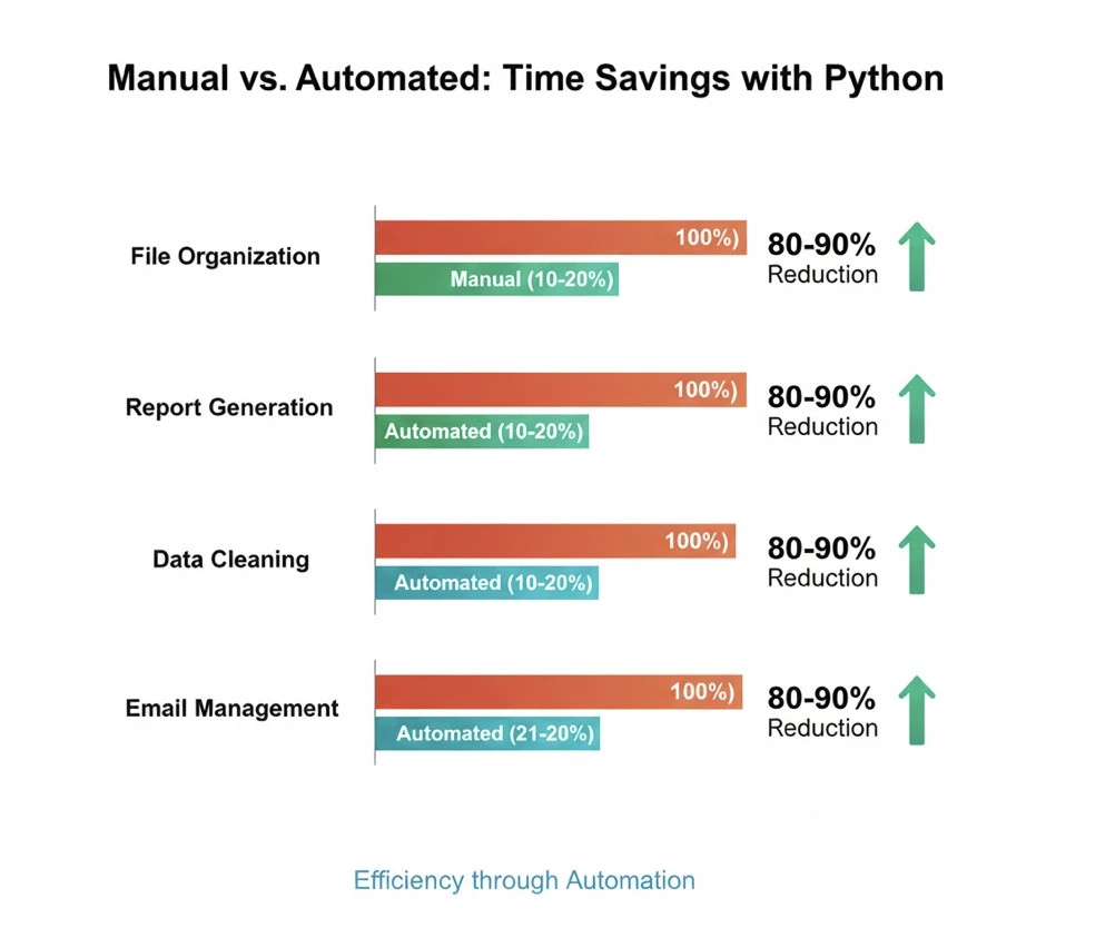 Bar chart comparing time spent on manual tasks versus automated tasks showing 85% time reduction