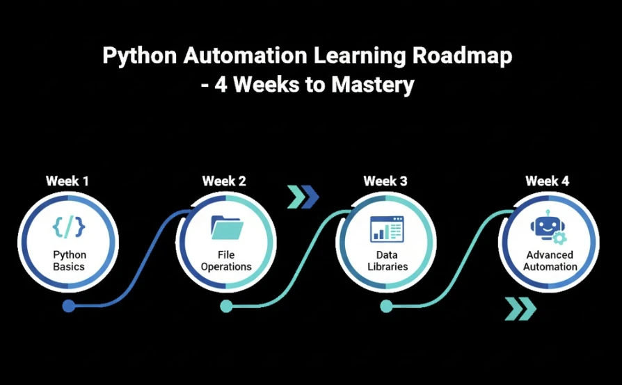 Visual roadmap showing progression from Python basics to advanced automation over 4 weeks