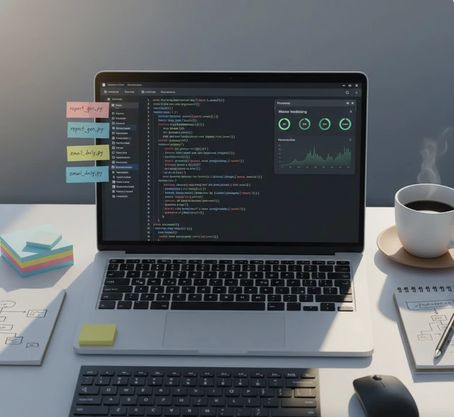Developer workspace with organized Python automation scripts and monitoring dashboard