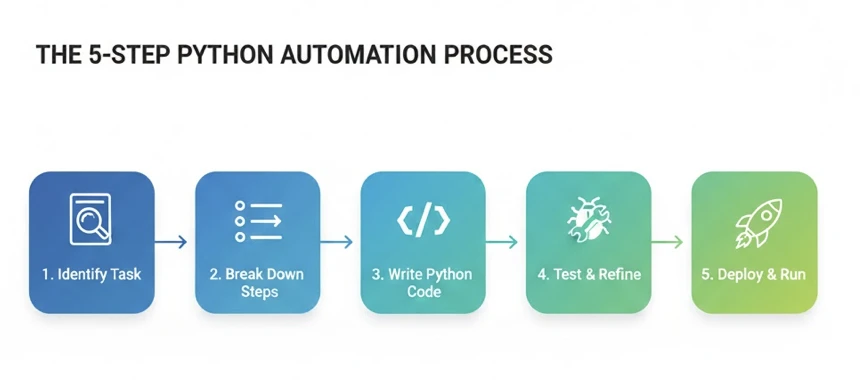 Five-step flowchart: Identify Task → Break Down Steps → Write Python Code → Test & Refine → Deploy & Run