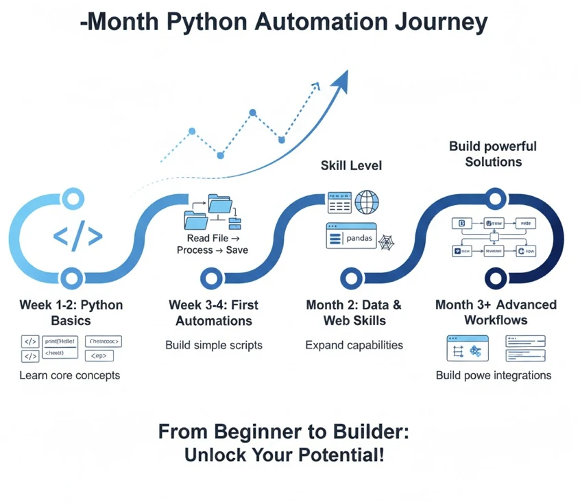 Timeline showing skill progression from Week 1 basics through Month 3 advanced automation, with capability milestones marked