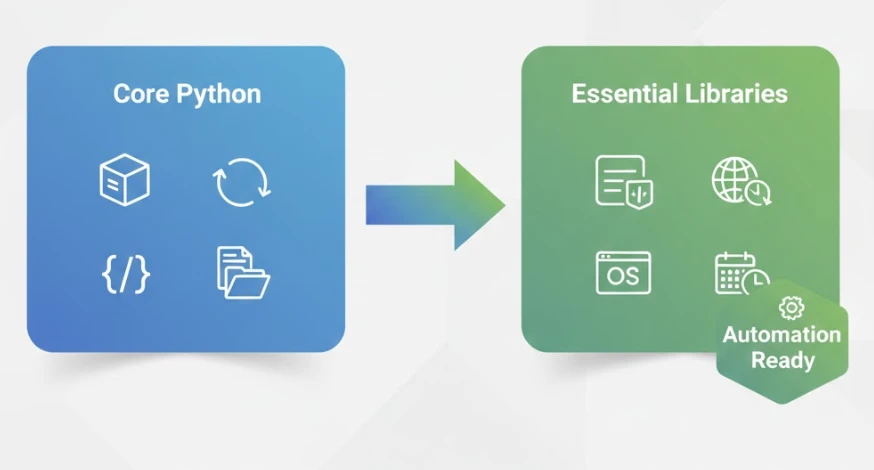 Diagram showing core Python skills plus four essential libraries