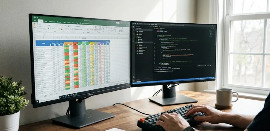 Professional workspace with multiple screens showing spreadsheets and Python code, data automation environment
