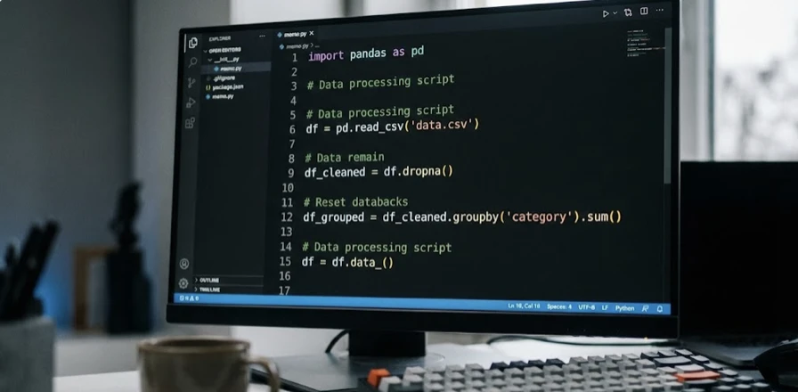 Clean Python code on screen showing data processing operations, pandas library in use