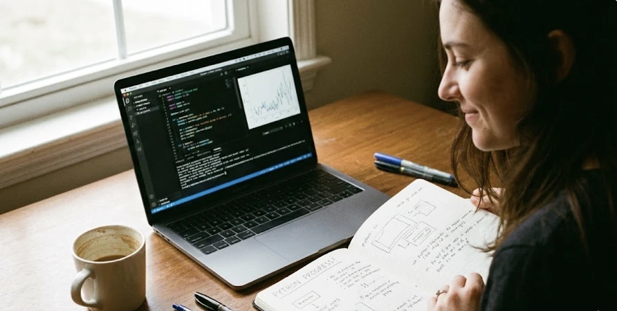 Person studying Python with notebook and laptop, showing learning progress and dedication