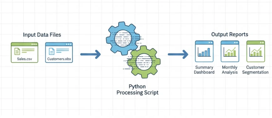 Visual representation of data automation workflow from input sources through processing to output reports