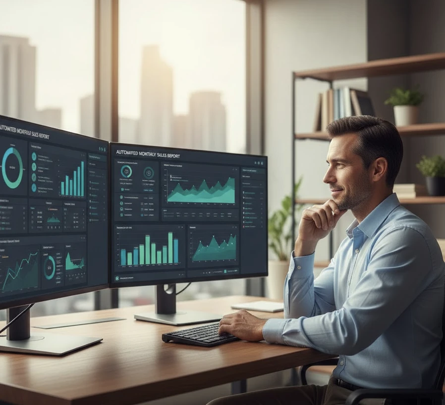 Professional looking satisfied at automated reports on screen, successful data automation implementation