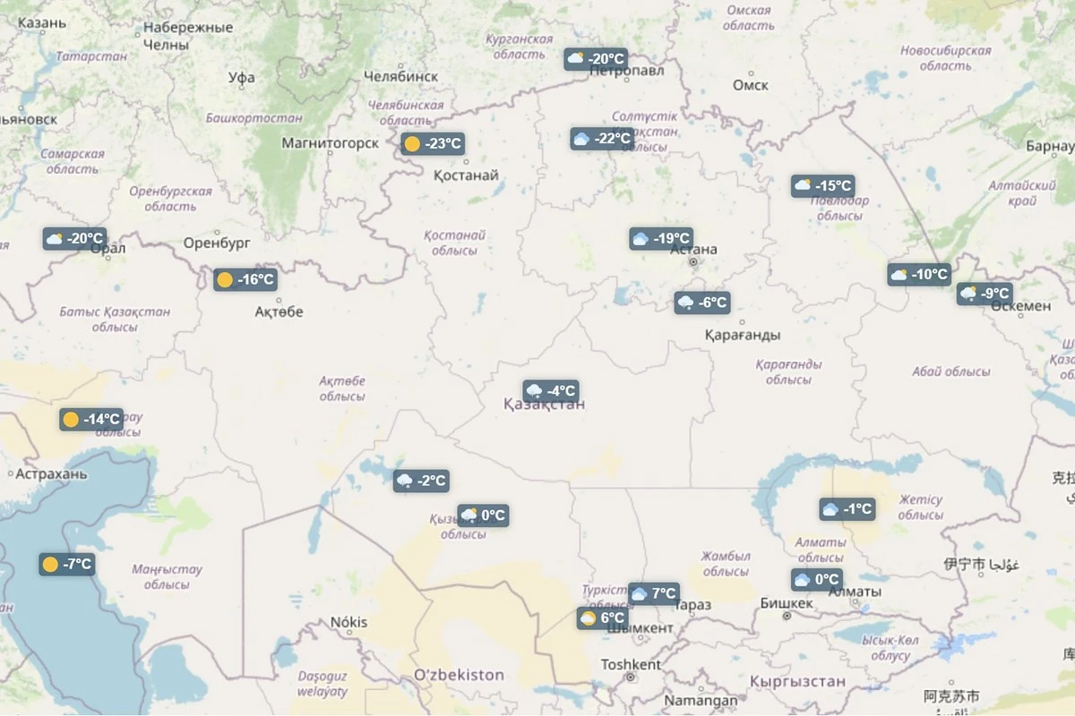 Карта температур в Казахстане