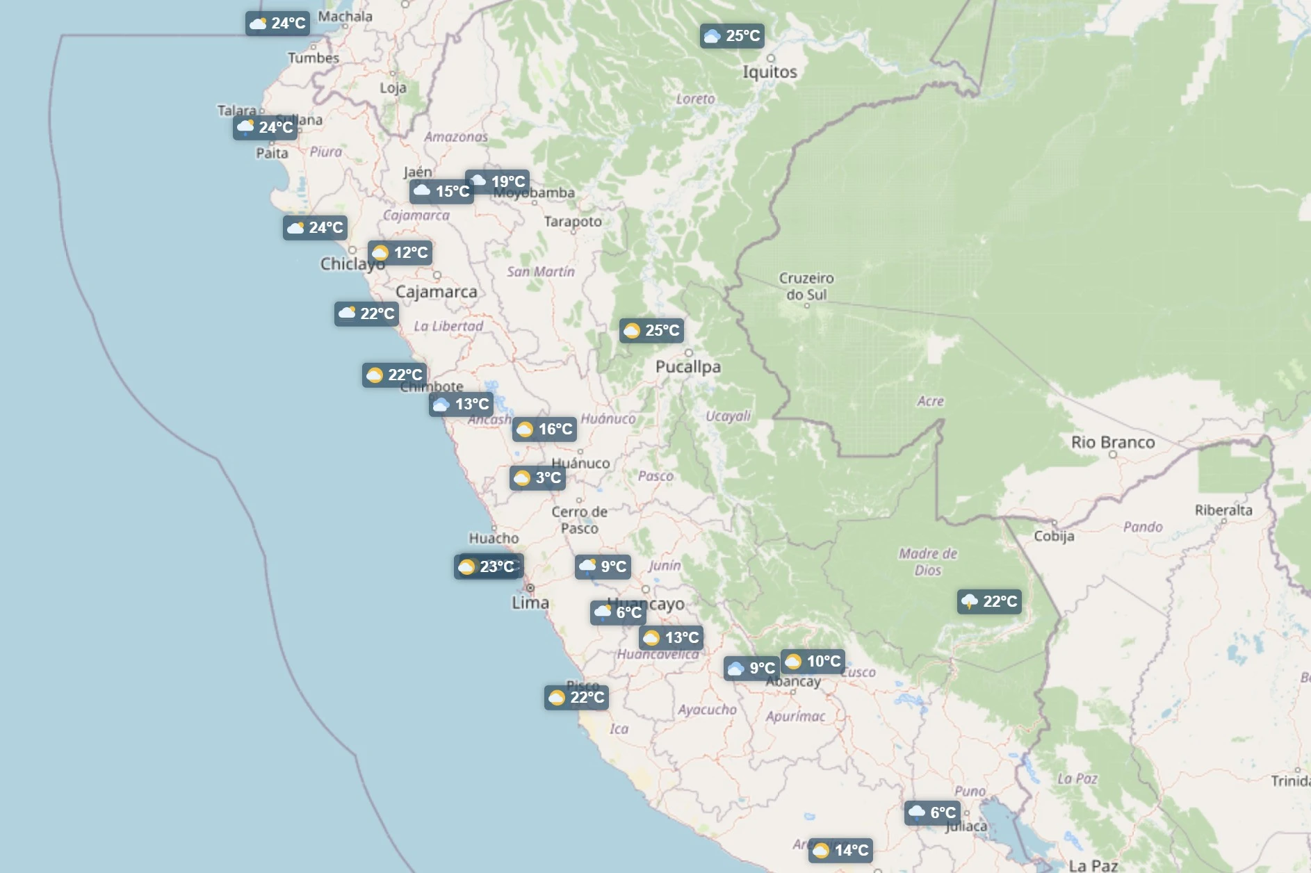 Mapa de temperaturas en Perú