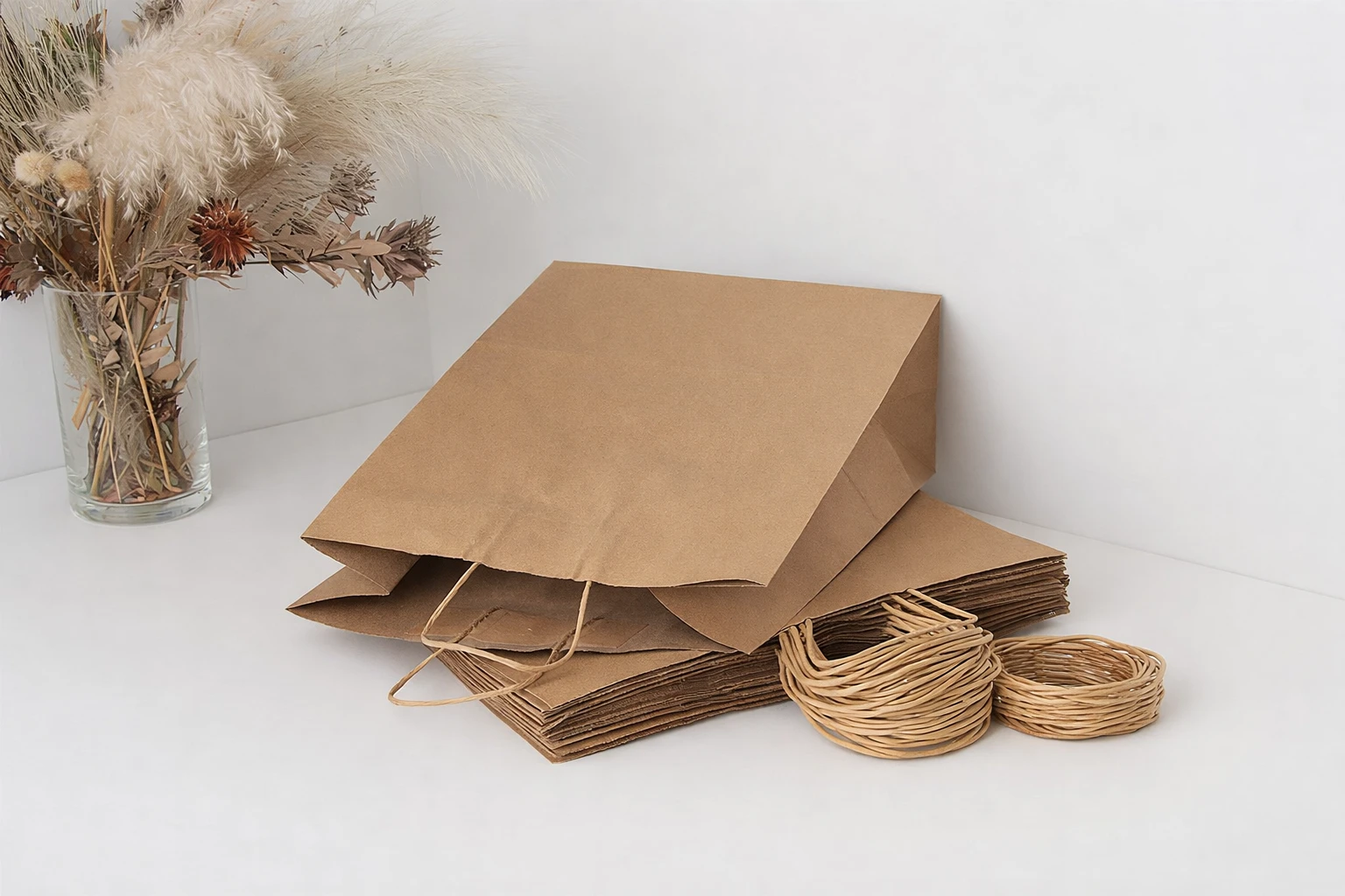 Пакет из крафт-бумаги с плетенными ручками