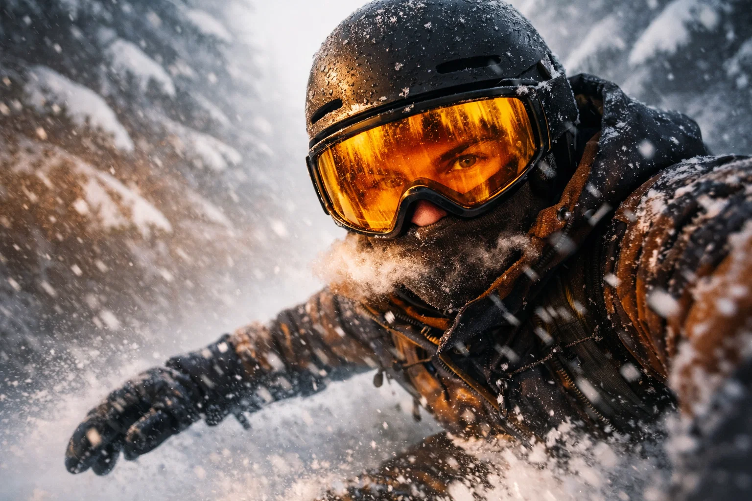 Сноубордист у тумані та снігопаді, бурштинова лінза маски для підсилення контрасту на трасі