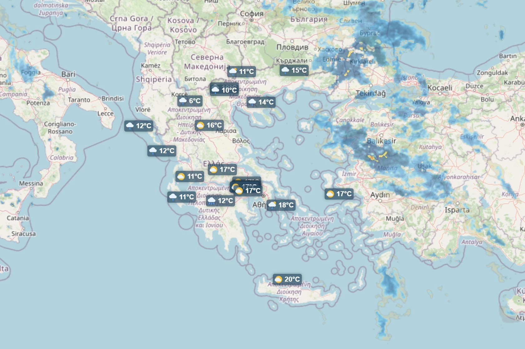 Αυξημένη υγρασία και τοπικές βροχές διαμορφώνουν το σκηνικό του καιρού αύριο σε ολόκληρη τη χώρα Χάρτης θερμοκρασιών στην Ελλάδα