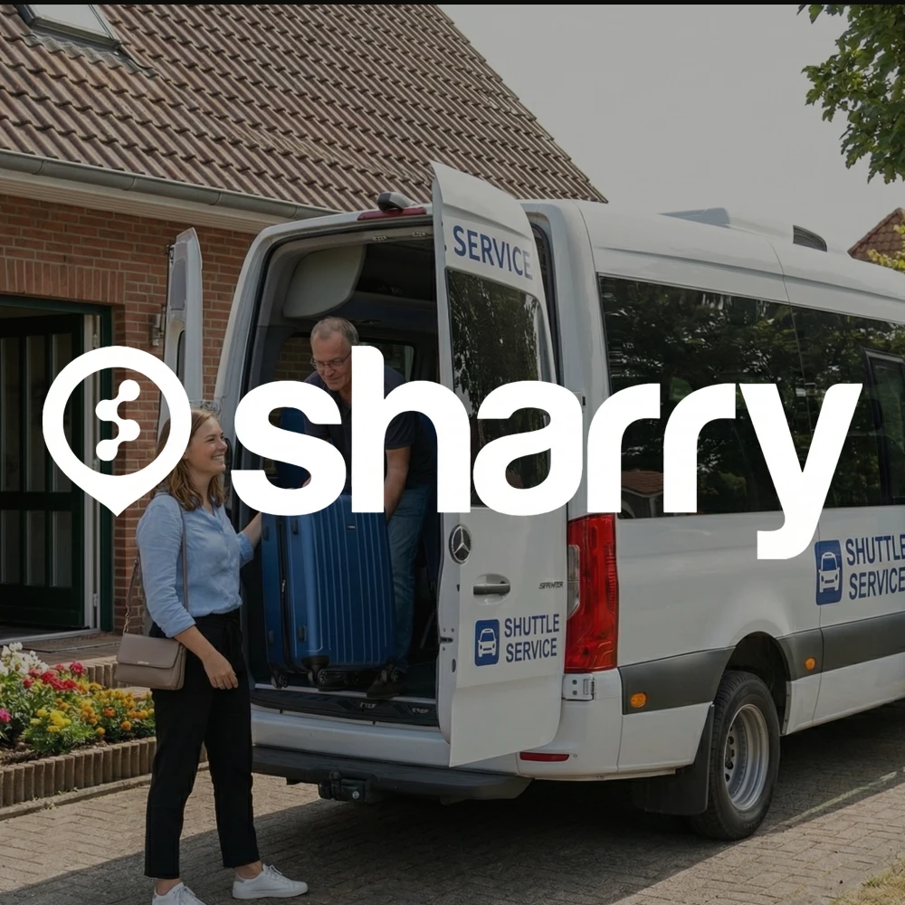 logo i nazwa firmy Sharry na tle kobieta stojąca obok mężczyzny, który wkłada walizkę do bagażnika białego minibusa