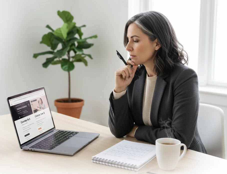 Professional comparing different training programs on laptop, making informed decision about Python automation course