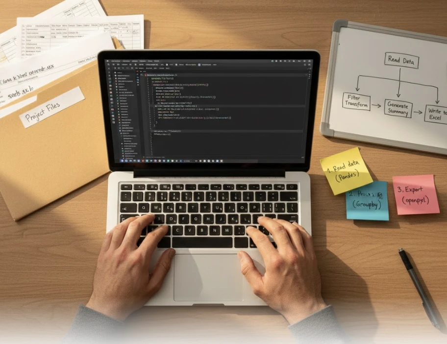 Hands-on coding project on laptop screen, showing practical Python automation work in progress