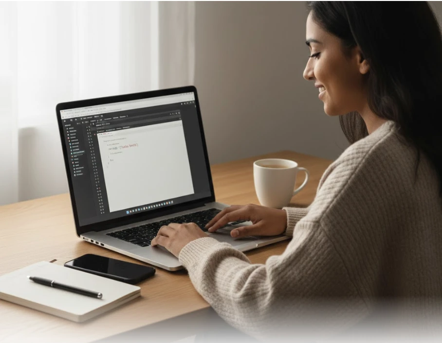 Person beginning Python automation training at computer, first day of learning journey