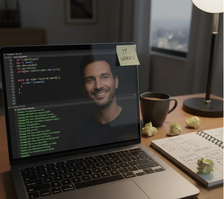 Learner showing enthusiasm at computer screen with simple Python code working, early success moment