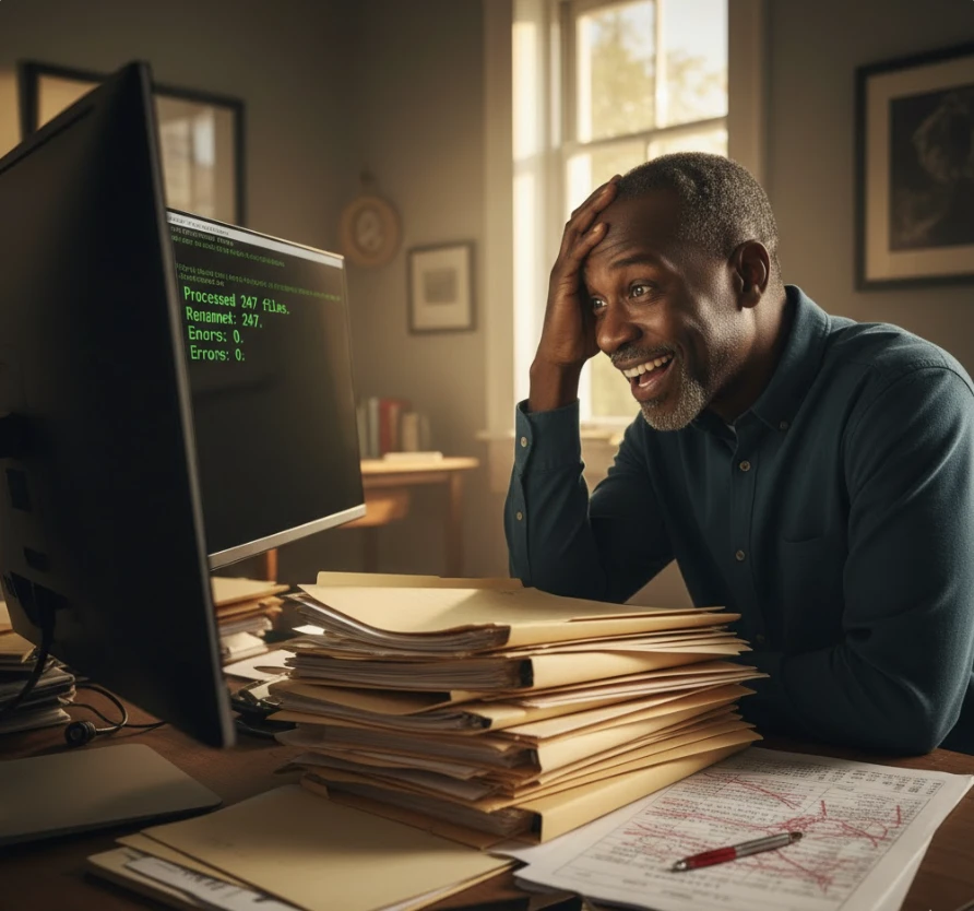 Professional looking at screen showing successful automation script results, moment of accomplishment