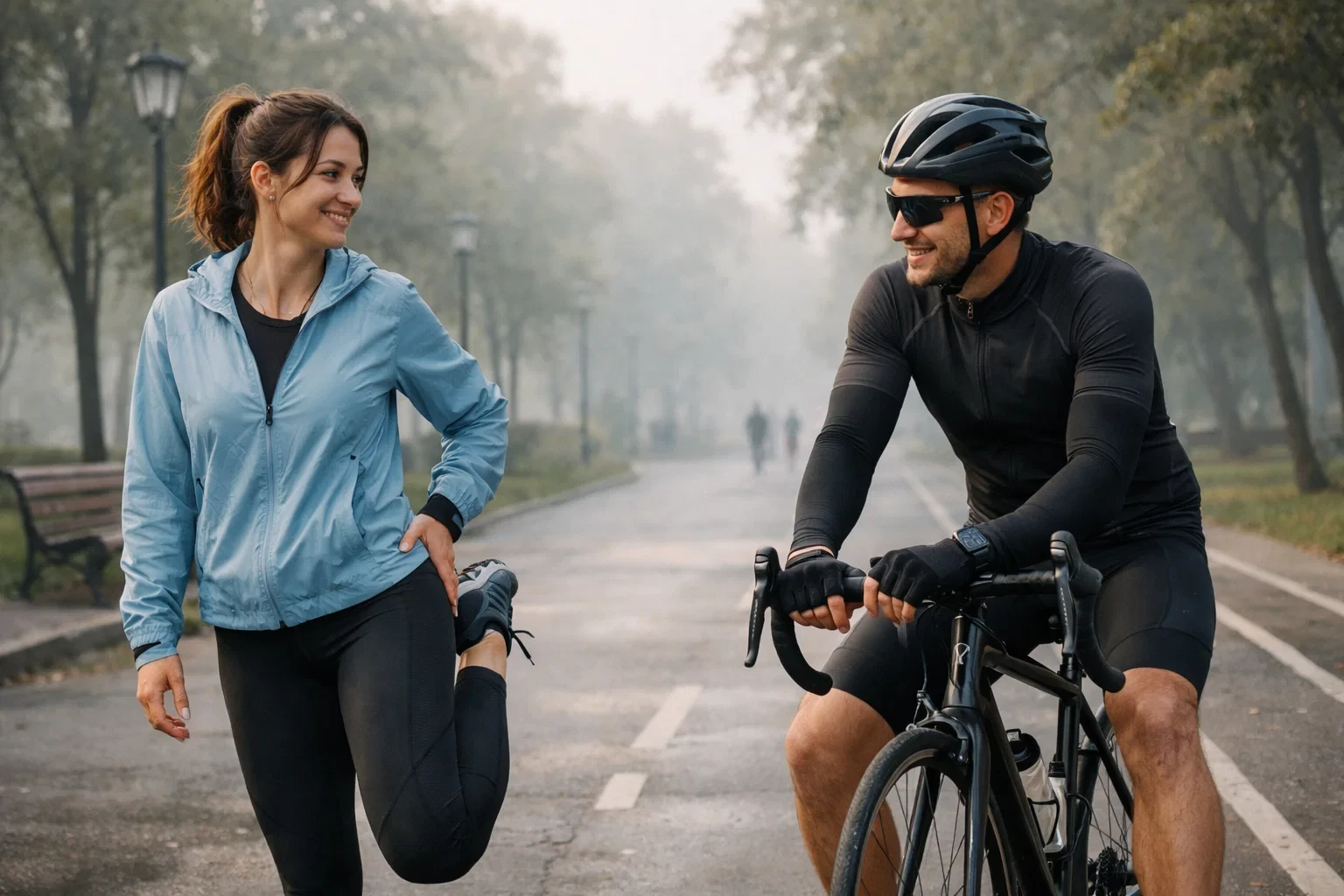 Жінка розігрівається перед бігом у парку, поруч велосипедист; спортивний одяг у шарах для прохолодної погоди.