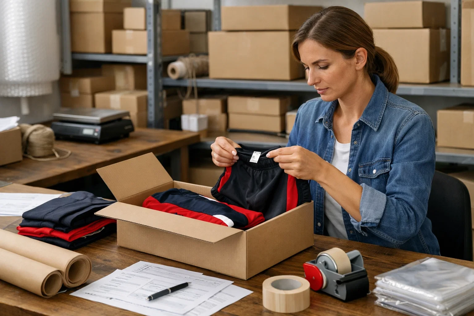 Підприємиця пакує спортивний одяг у коробки, перевіряє розміри й шви; підготовка замовлень для клієнтів.