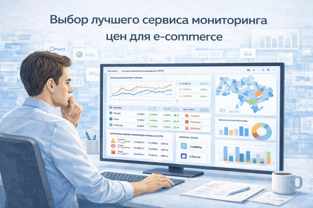 Как выбрать лучший сервис мониторинга цен — e-commerce-менеджер работает с цифровой панелью анализа цен, графиками и алертами в современном B2B-офисе.