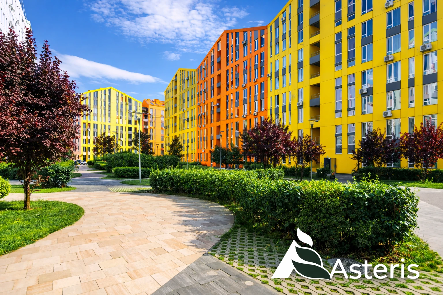 Ландшафтний дизайн двору сучасного ЖК Comfort Town з зеленими насадженнями